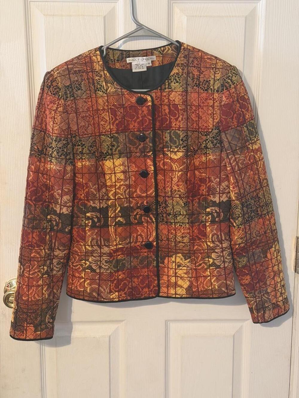 Vintage Maggy London 100% Silk Quilted Fall Earthy Patchwork Jacket